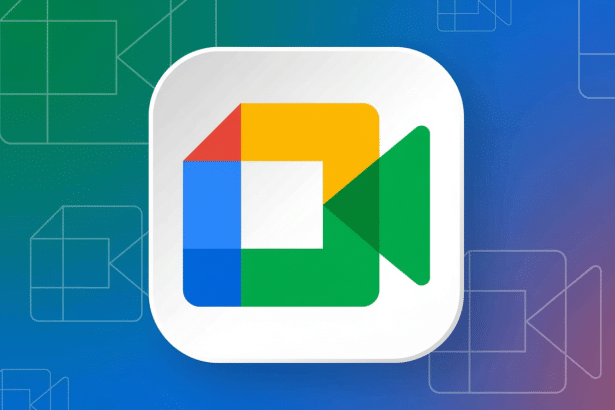 The Google Meet logo, a multicolored square icon with a green triangle on the right, set against a blue and purple gradient background with faint outlines of video call icons. Filename : googlemeet logo1 69. png