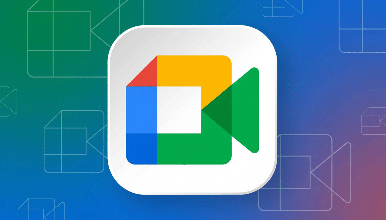 The Google Meet logo, a multicolored square icon with a green triangle on the right, set against a blue and purple gradient background with faint outlines of video call icons. Filename : googlemeet logo1 69. png