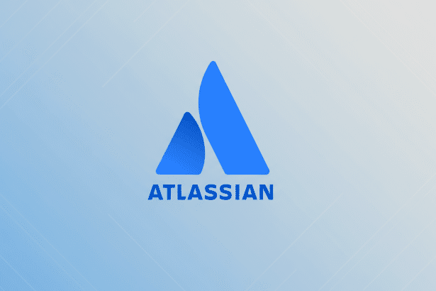 The Atlassian logo , featuring two blue abstract mountain-like shapes , with the word AT LASSIAN in blue text below, set against a light blue and grey gradient background with subtle diagonal lines. Filename : atlassian logoprofessional . png