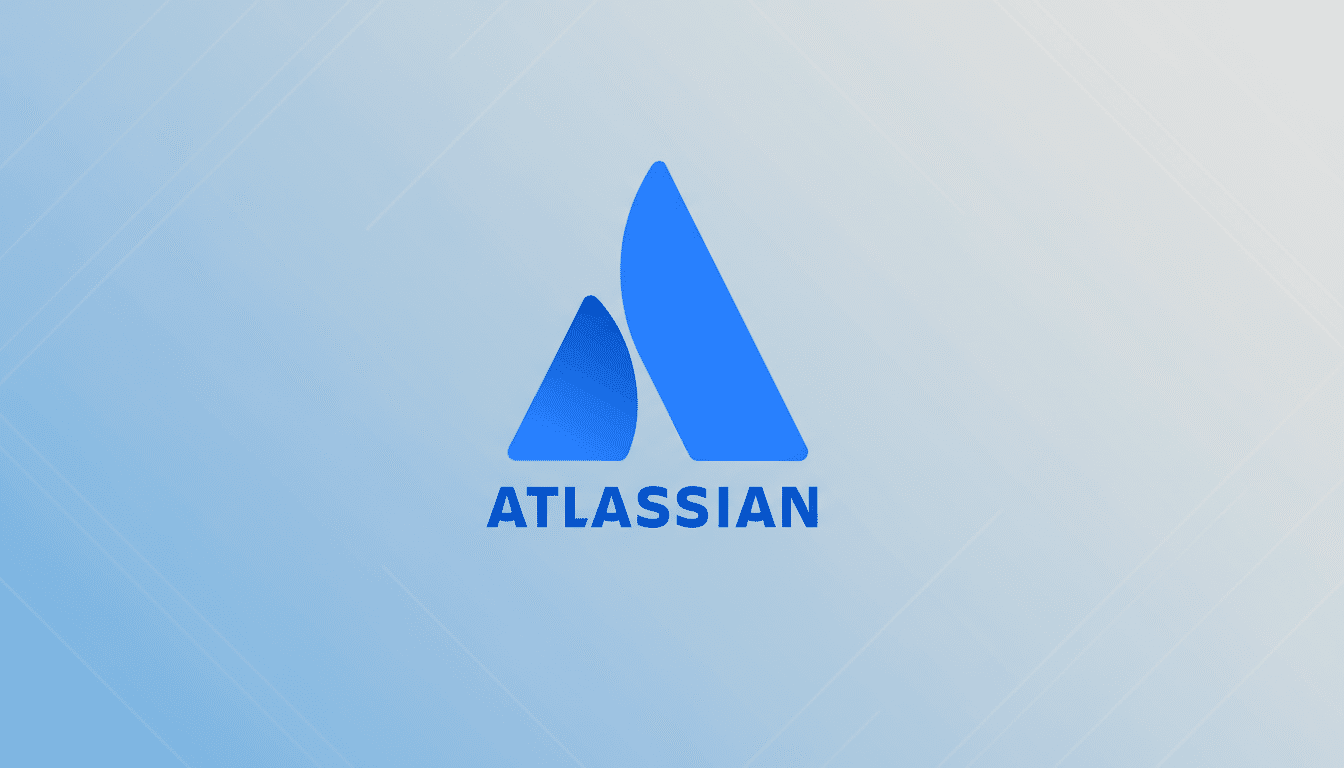 The Atlassian logo , featuring two blue abstract mountain-like shapes , with the word AT LASSIAN in blue text below, set against a light blue and grey gradient background with subtle diagonal lines. Filename : atlassian logoprofessional . png