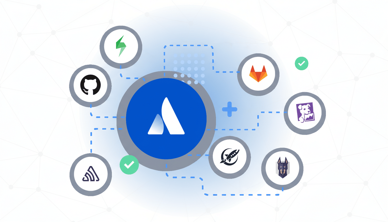 A central blue A logo connected to various other logos including GitHub , GitLab, and other stylized icons, against a white background with subtle grey network patterns. Filename : connected logosnetwork . png