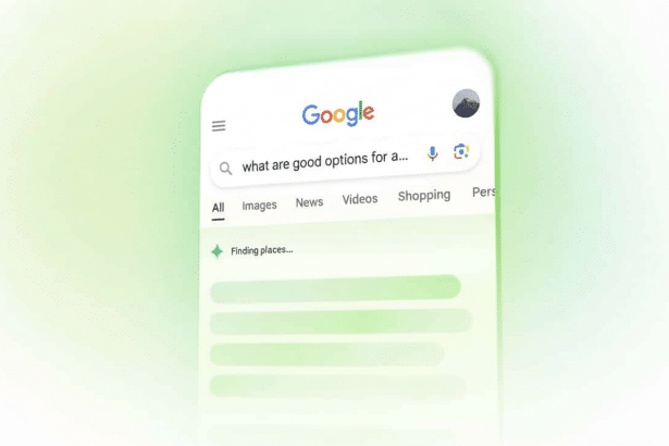 A Google search interface on a smartphone with a search query what are good options for a ... and a loading indicator for Finding places .... Filename : googlesearch interfaceloading . png