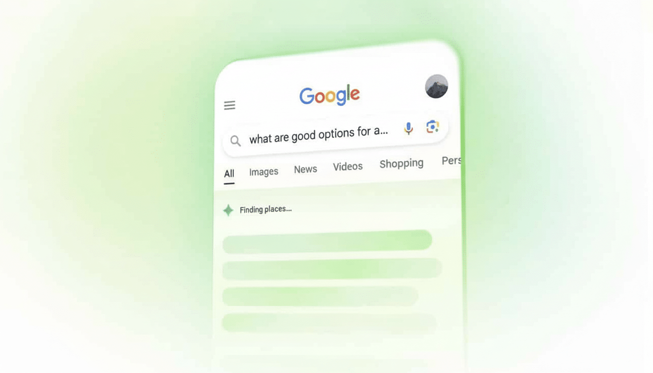 A Google search interface on a smartphone with a search query what are good options for a ... and a loading indicator for Finding places .... Filename : googlesearch interfaceloading . png