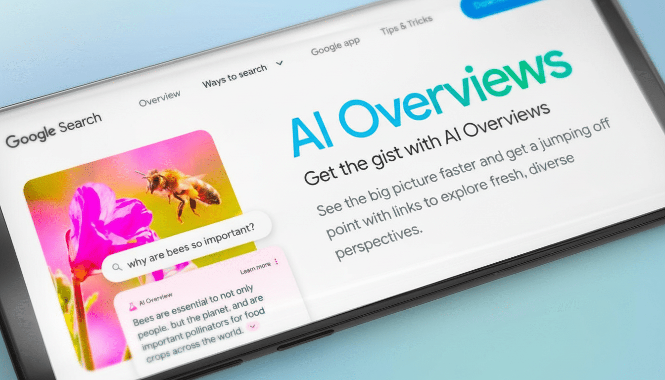 A close -up shot of a smartphone screen displaying the Google Search interface with  AI Overviews prominently featured . The screen shows a search result for why are bees so important? with an AI Overview snippet about bees being essential pollinators.