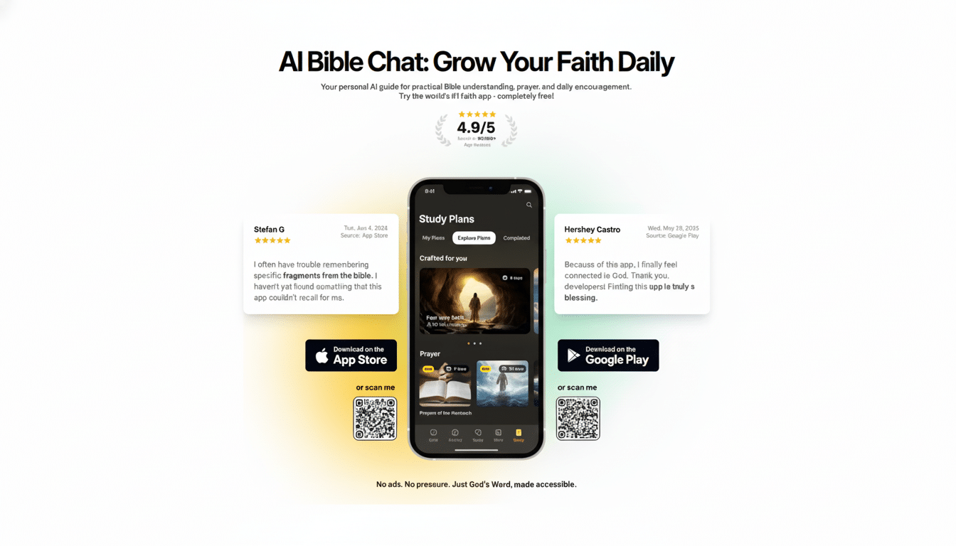 A professional, enhanced image of the AI Bible Chat: Grow Your Faith Daily app interface, with an iPhone displaying study plans and prayer sections. U