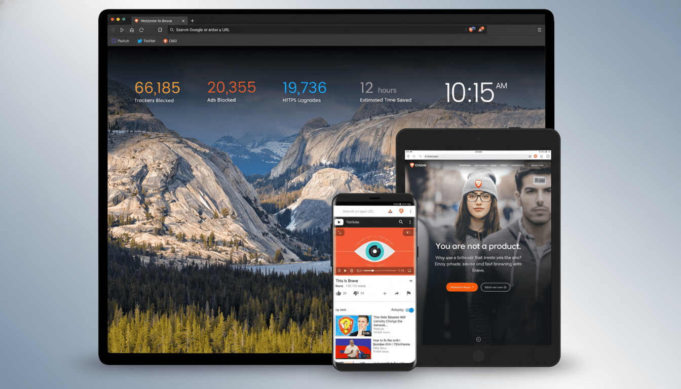 Brave browser interfaces displayed on a desktop, tablet, and smartphone . The desktop shows a dashboard with trackers blocked , ads blocked, HTTPS upgrades, and time saved. The tablet displays a Brave browser landing page with  You are not a product. The smartphone shows YouTube playing a video, also within Brave.