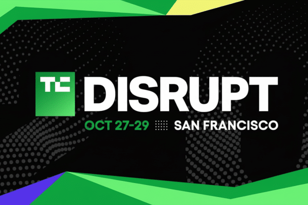 A professional banner for TC Disrupt with a black background, green geometric accents , and white text, resized to a 16: 9 aspect ratio. The event details OCT 27- 29 and SAN FRANCISCO are also visible .