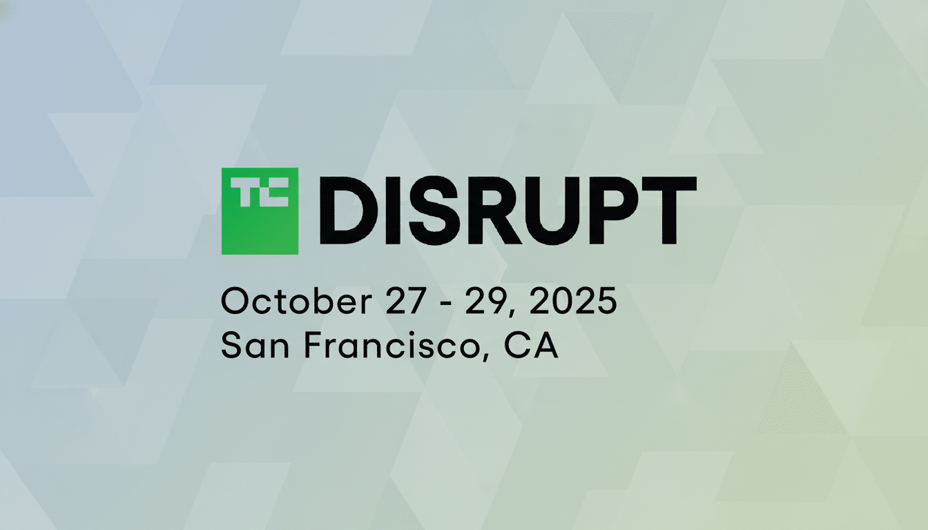 Tech Crunch Disrupt event logo with event dates and location, set against a professional soft gradient background.