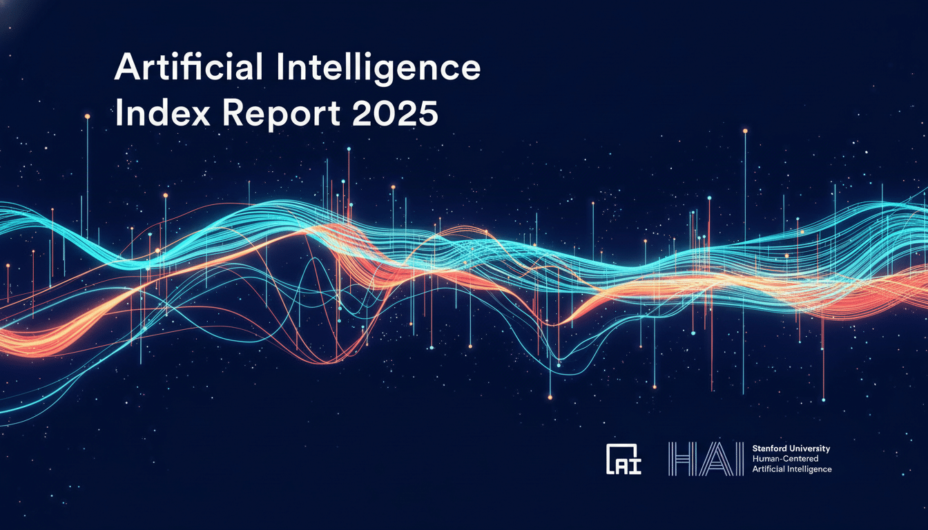 ** Cover image for the Artificial Intelligence Index Report 202 5 from Stanford University's Human -Centered Artificial Intelligence , featuring luminous blue and orange abstract lines against a dark background, resized to a 16: 9 aspect ratio. **