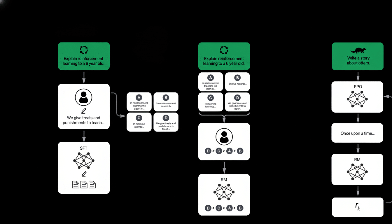 A professional diagram illustrating three different AI learning models, each originating from a green box at the top. The first model on the left demonstrates a system where a human figure teaches an AI through treats and punishments, leading to an SFT model. The middle model shows a human explaining reinforcement learning to a 6-year- old, detailing steps A, B , C, and D, which feed into an RM model. The third model on the right depicts a system where a story about ot ters is written, moving through P PO, Once upon a time ..., RM, and ending with rk. The entire diagram is set against a black background. Filename : ailearning modelsdiagram .png