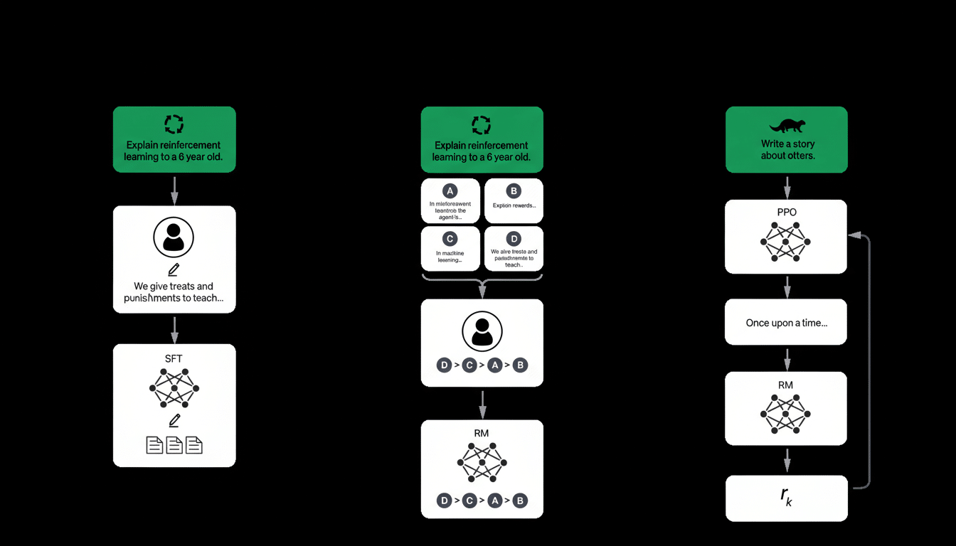A professional diagram illustrating three different AI learning processes, each beginning with a green block at the top representing a user s request.
