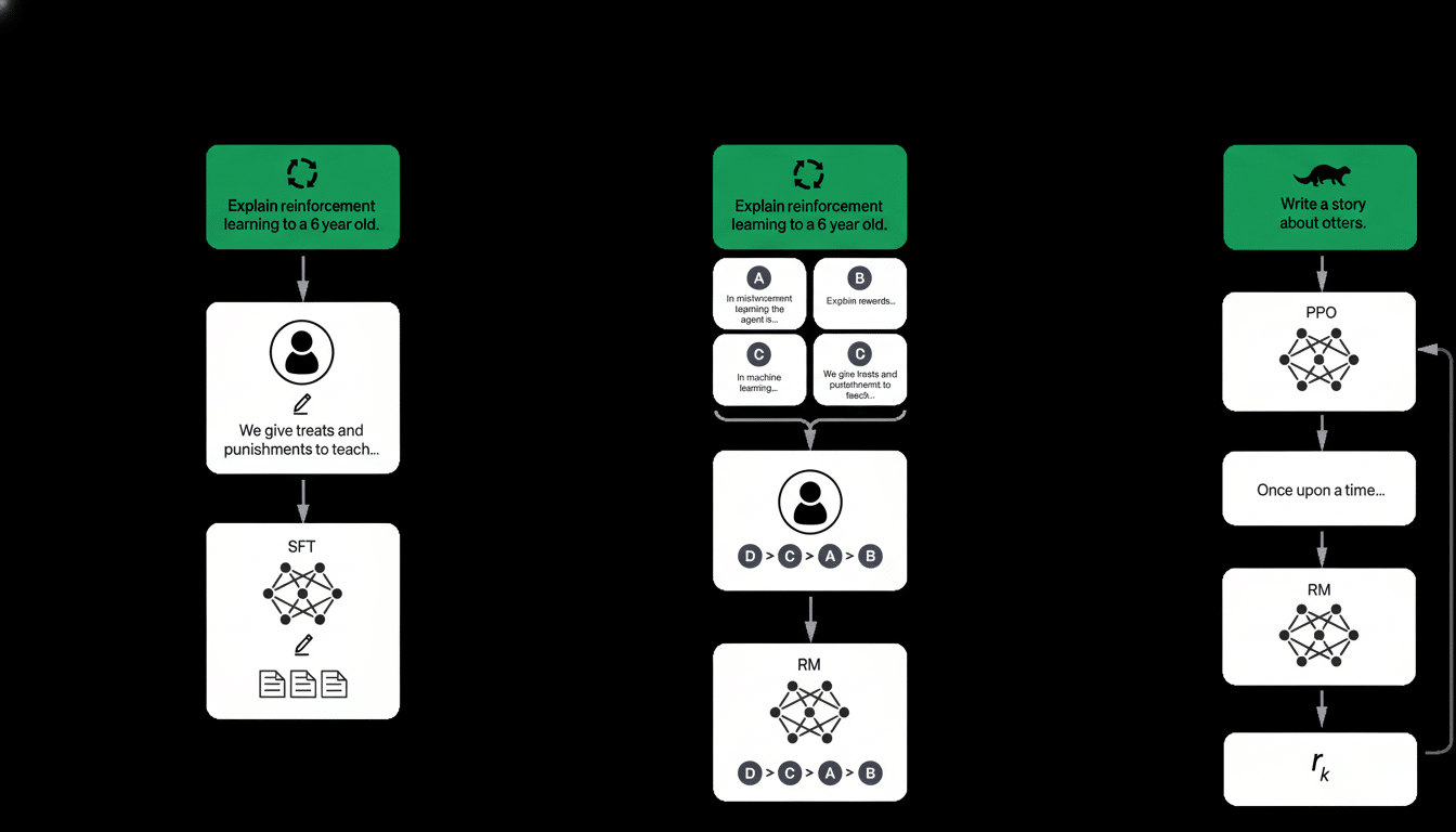 A professional diagram illustrating three different AI learning processes, each beginning with a green block at the top indicating the task, followed