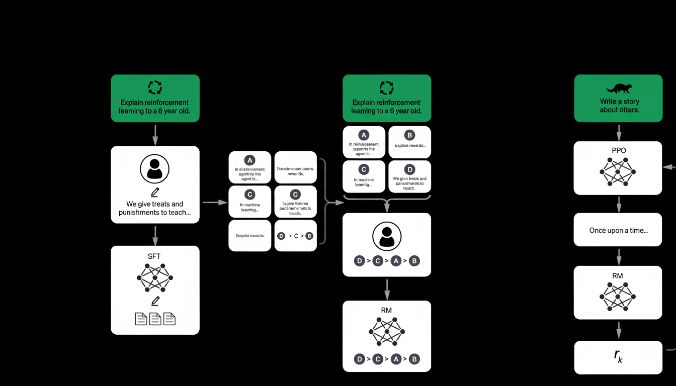 A professional diagram illustrating three different AI learning processes, each beginning with a green block representing a task like Explain reinforc