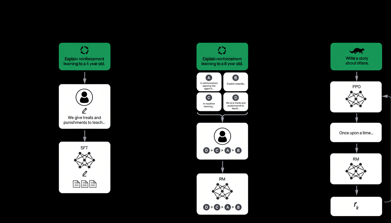 A professional diagram illustrating three different AI learning processes , each beginning with a green block representing a task (expl aining reinforcement learning or writing a story about otters) and progressing through various stages involving human interaction , machine learning models (S FT, RM, PPO), and data processing.