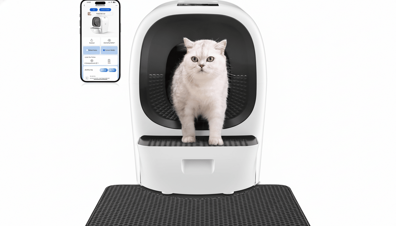 A professional 16:9 image of a white cat standing in a smart litter box, with a smartphone displaying the companion app in the top left corner , all against a clean white background.