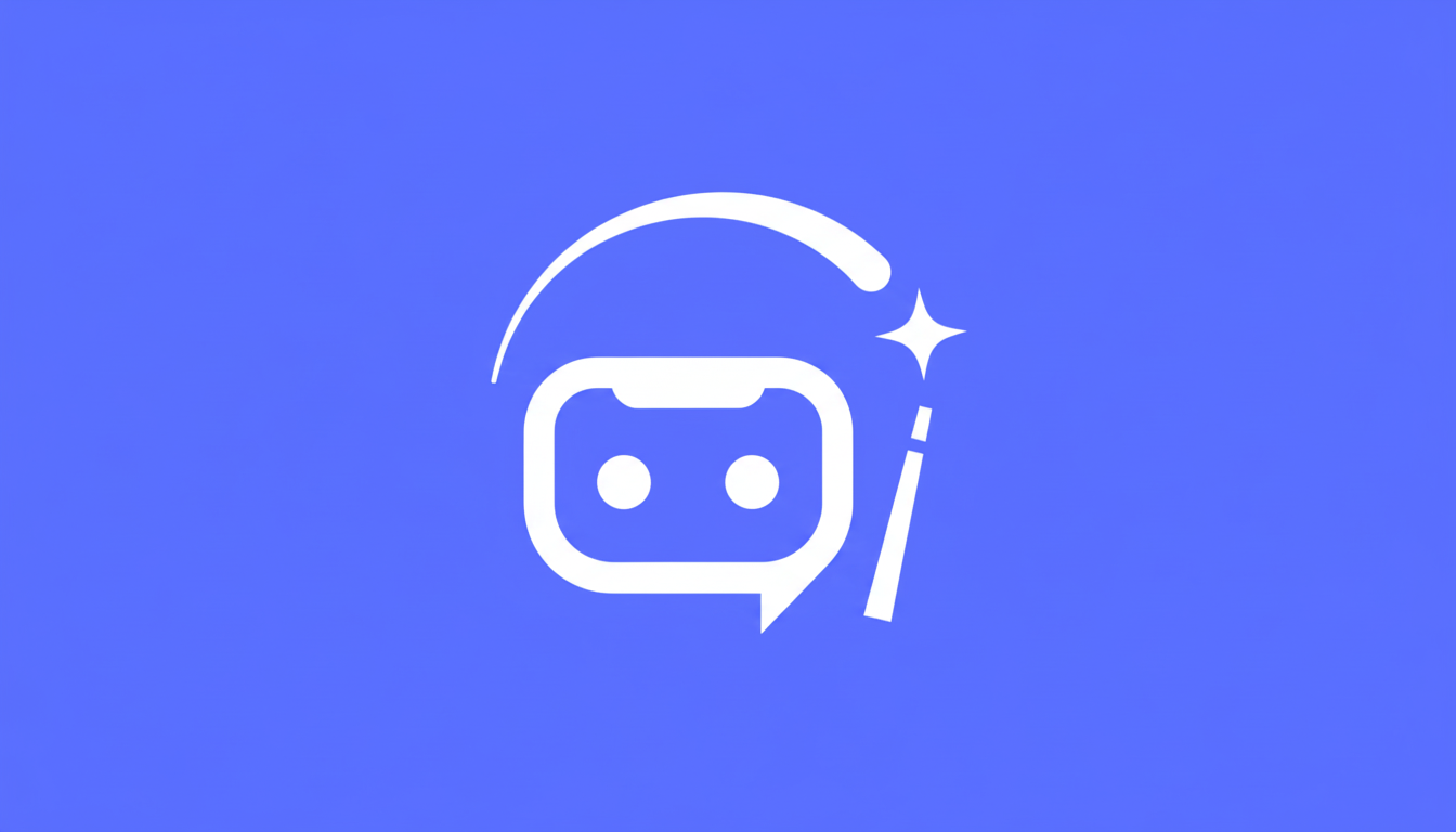 A white icon of a chat bubble shaped like a robots head with two eyes, a mouth, and a small antenna on top, with a magic wand and a sparkling star next to it, all on a solid blue background.