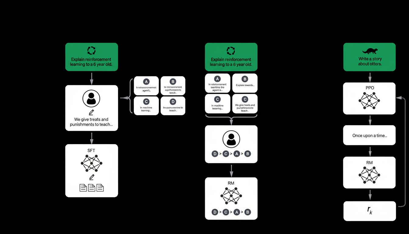 A professional diagram illustrating three different AI model training processes, each starting with a green box representing a user prompt ( Explain reinforcement learning to a 6 year old or Write a story about otters). The diagrams flow downwards through various stages including human interaction, S FT (Super vised Fine-T uning), P PO, and RM (Reward Model ), depicted with icons and neural network diagrams, all presented on a clean, black background. Filename : aimodel trainingprocesses .png