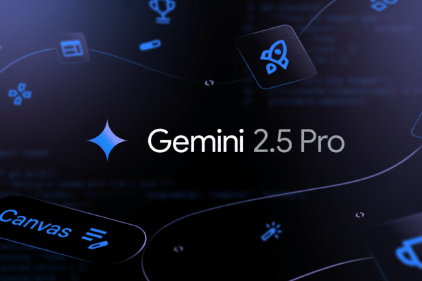 alt text: The Gemini 2 .5 Pro logo is centered with a glowing four -pointed star to its left. V