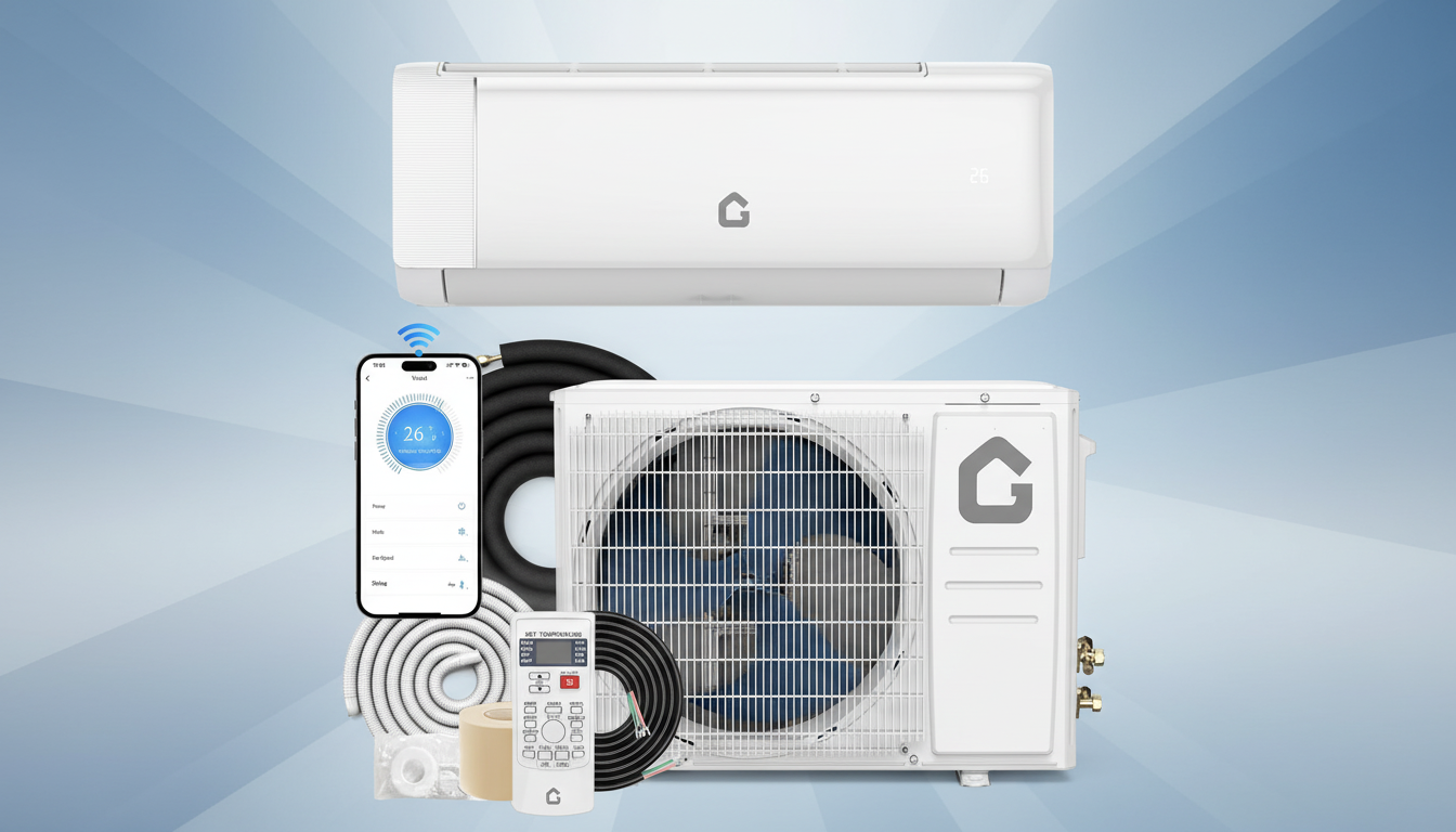 A white air conditioning unit, an outdoor compressor unit, a remote control, and a smartphone displaying an AC control app, all arranged on a professional blue gradient background.