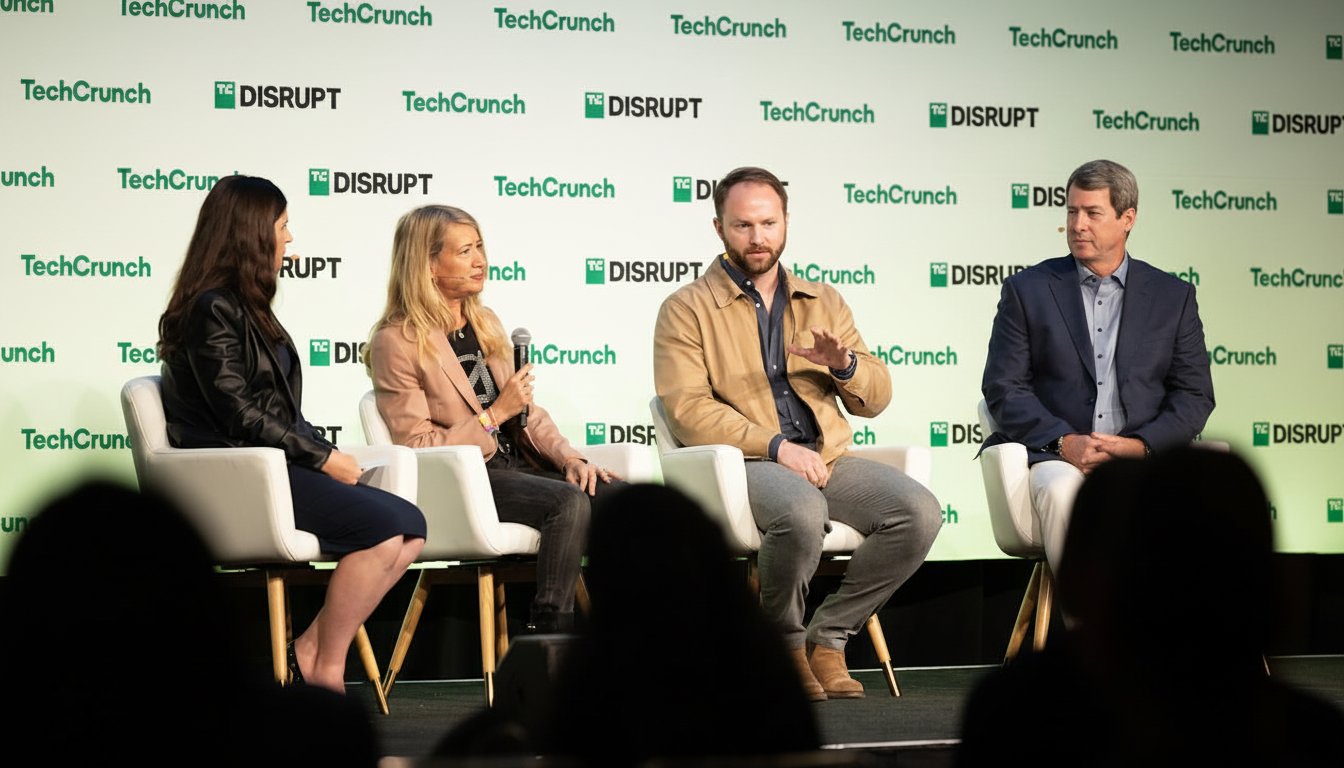 Four people, two men and two women, are seated on a stage in front of a green backdrop with TechCrunch DISRUPT logos. The man in the center is speaking and gesturing with his hand.