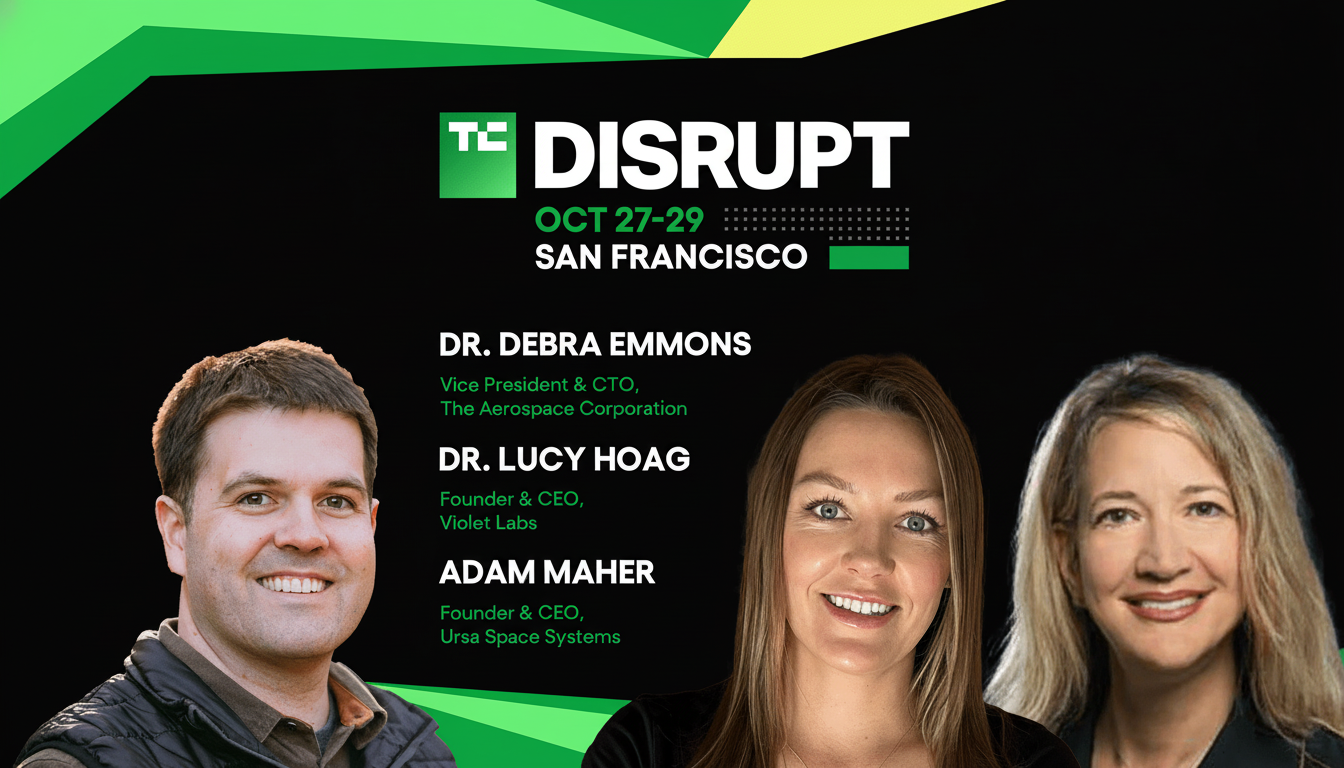 A professional event banner for TC Disrupt in San Francisco, featuring headshots of three speakers: Adam Maher, Dr. Lucy Hoag, and Dr. Debra Emmons, with their names and titles listed. The background is black with green and yellow graphic elements at the top.