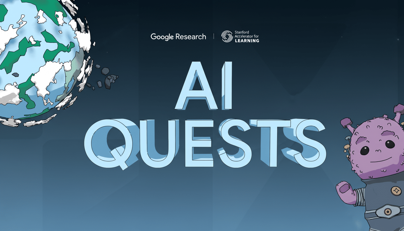 The text AI QUESTS in a light blue 3D font, with Google Research and Stanford Accelerator for Learning logos above. A cartoon alien character with pur