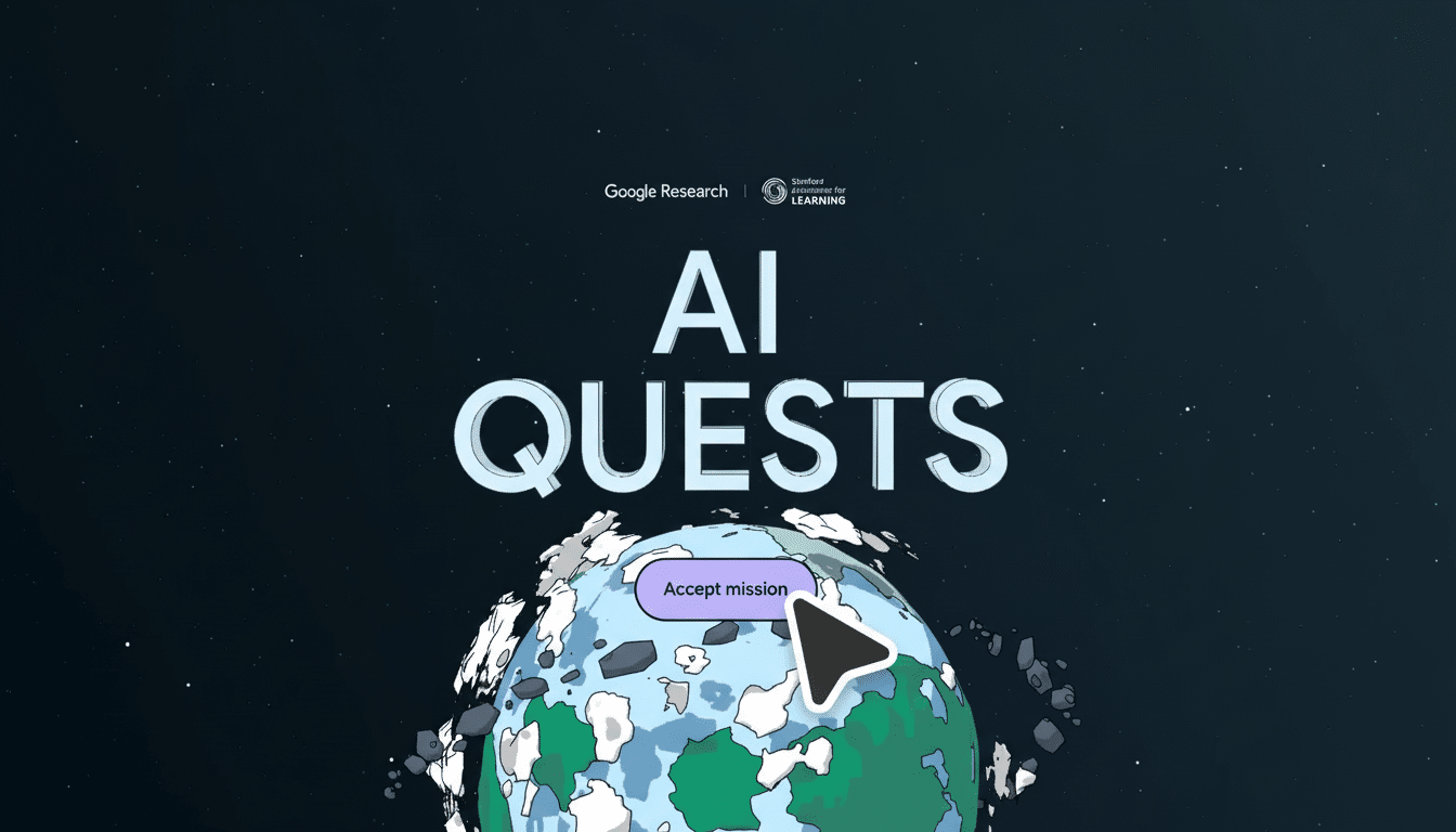 A professional 16: 9 aspect ratio image for AI Quests by Google Research and Stanford, featuring a stylized planet and an Accept mission button with a
