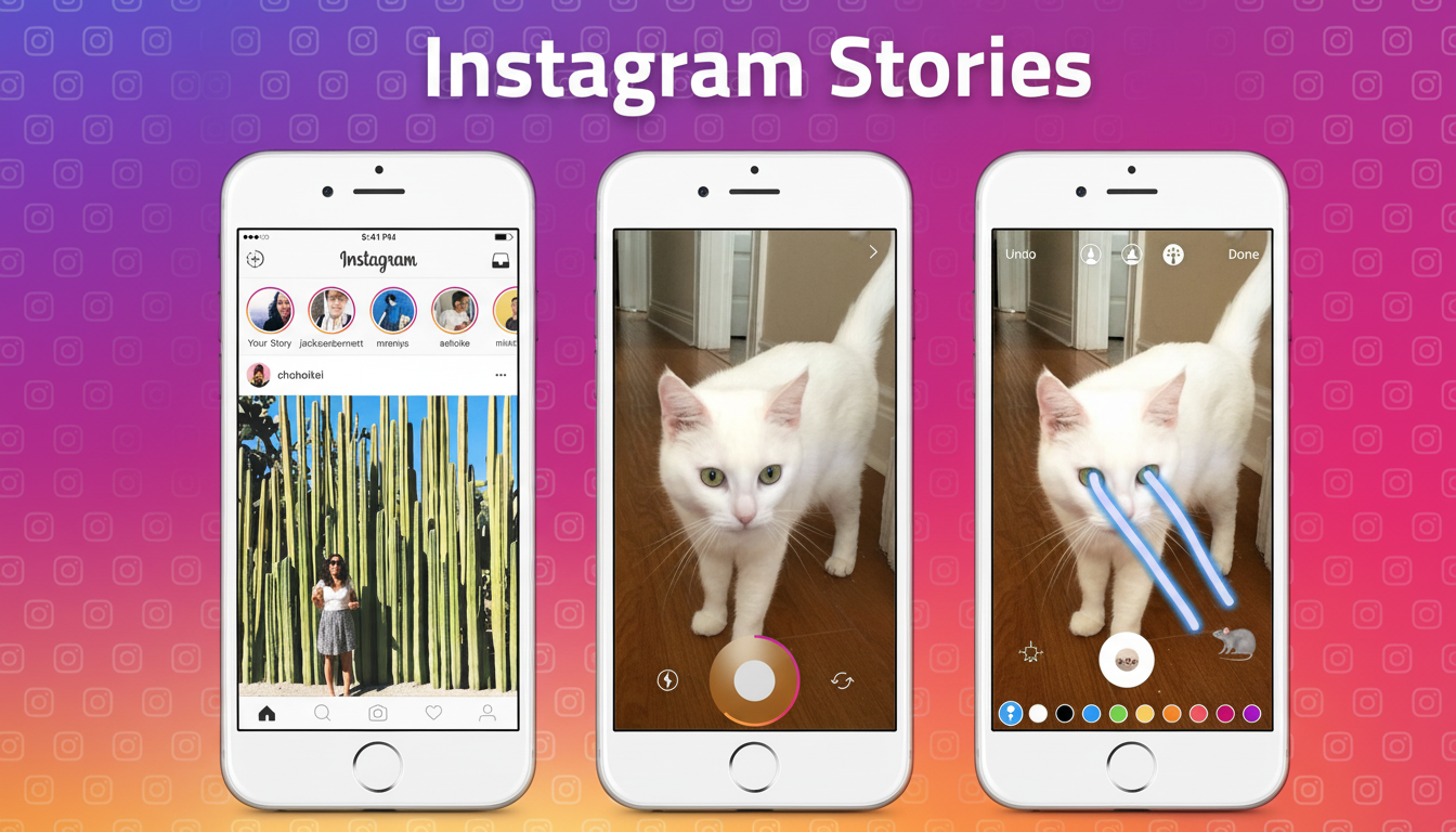 Three white iPhones displaying Instagram Stories, with the left phone showing a feed, the middle phone showing a white cat in camera mode, and the right phone showing the same cat with laser eyes applied as a filter.