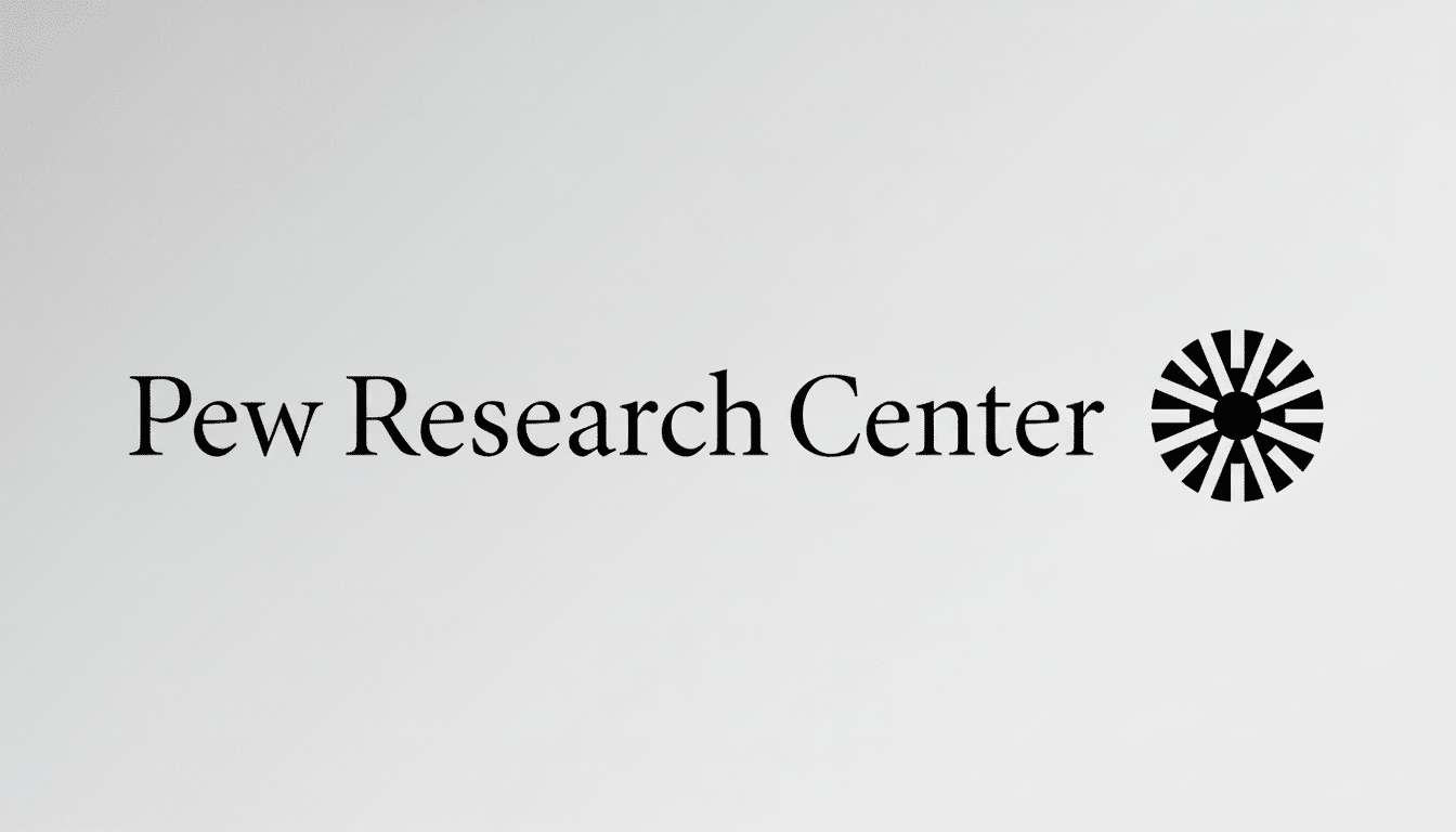 The Pew Research Center logo, featuring Pew Research Center in black serif font next to a circular, sp oked black icon, all set against a subtle gray gradient background.
