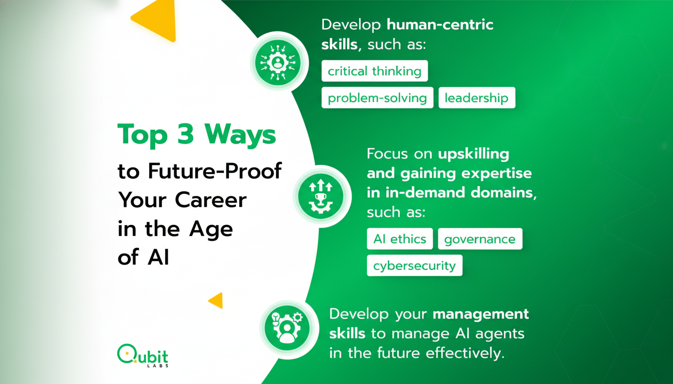 An infographic titled Top 3 Ways to Future-Proof Your Career in the Age of AI on a green background with yellow triangular accents. It lists three points: Develop human-centric skills, such as: critical thinking, problem-solving, leadership, Focus on upskilling and gaining expertise in in-demand domains, such as: AI ethics, governance, cybersecurity, and Develop your management skills to manage AI agents in the future effectively. The Qubit Labs logo is in the bottom left corner.