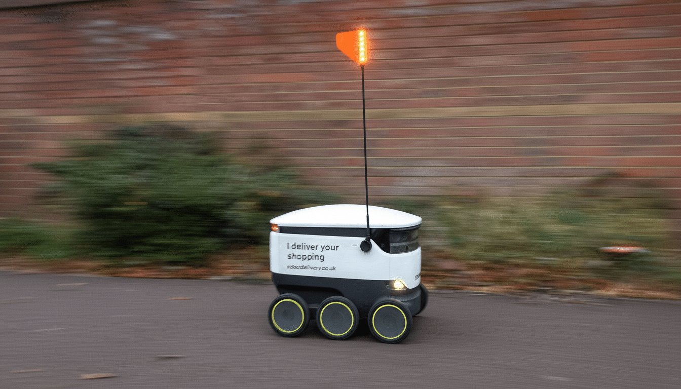 A white and black delivery robot with six wheels and an orange flag on top , moving on a paved path with a blurred brick wall and greenery in the background.