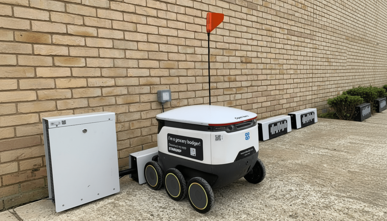 A Star ship Technologies delivery robot, white with black wheels and yellow accents, parked on a paved surface next to a light brown brick wall. An orange flag is attached to a pole on its top . To its left is a white utility box. Filename : starship deliveryrobot. png