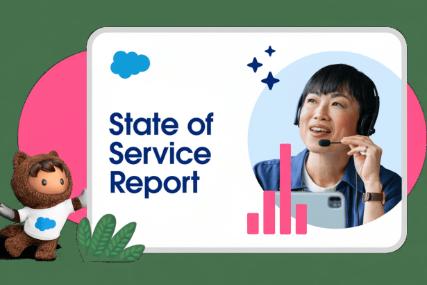 An image featuring a character in a brown furry suit next to a white framed graphic that reads State of Service Report. The graphic also includes a wo