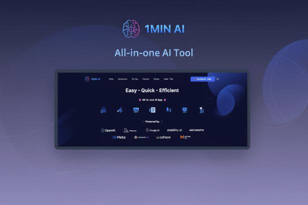 A professional 16:9 aspect ratio image of the 1MIN AI All-in- one AI Tool website interface , featuring a dark blue theme with various AI tool logos, set against a background with soft blue and purple gradients and subtle patterns.