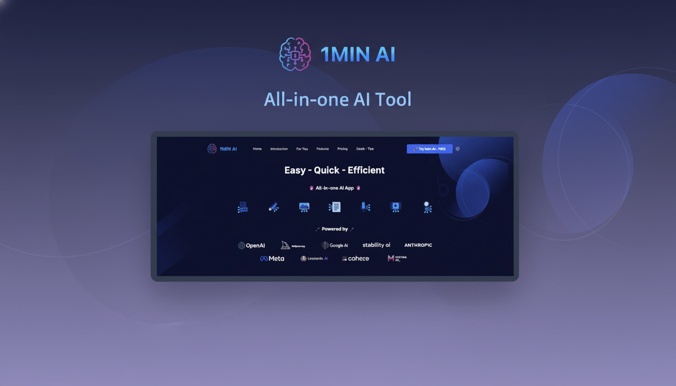 A professional 16:9 aspect ratio image of the 1MIN AI All-in- one AI Tool website interface , featuring a dark blue theme with various AI tool logos, set against a background with soft blue and purple gradients and subtle patterns.
