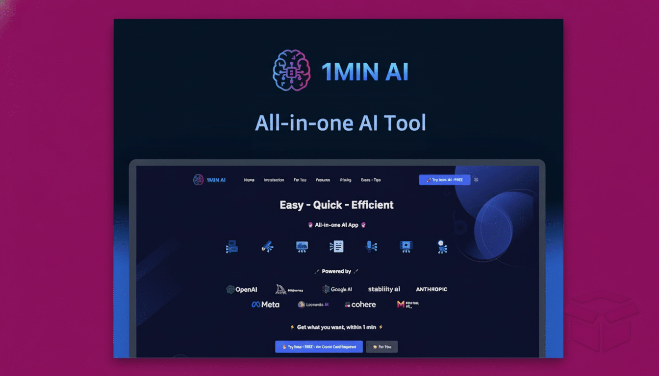 A 16:9 aspect ratio image of the 1MIN AI  All-in- one AI Tool displayed on a laptop screen , with various AI company logos at the bottom, presented against a professional pink gradient background. Filename : 1min aiall inone ai tool1 69. png