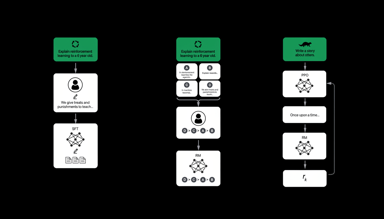 A flowchart demonstrating three different approaches to AI model training, with the first two explaining reinforcement learning and the third outlining a story generation process about otters using P PO and RM models.
