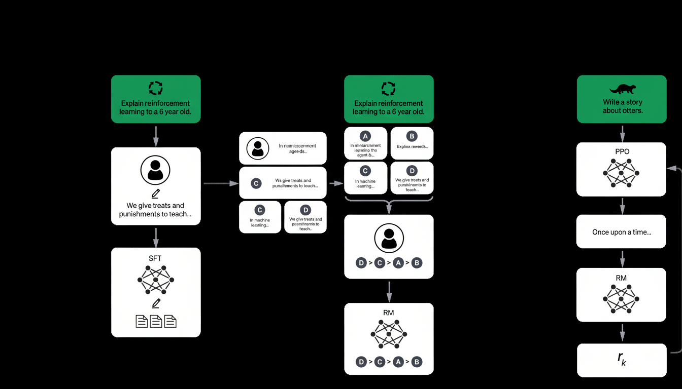 A professional diagram illustrating three different AI training processes. The first shows reinforcement learning simplified for a child , using treats and punishments to teach an agent. The second further details this with specific steps ( A, B, C, D) leading to an AI model. The third process describes writing a story about otters , involving P PO, RM, and rk models. The entire diagram is presented on a clean black background.