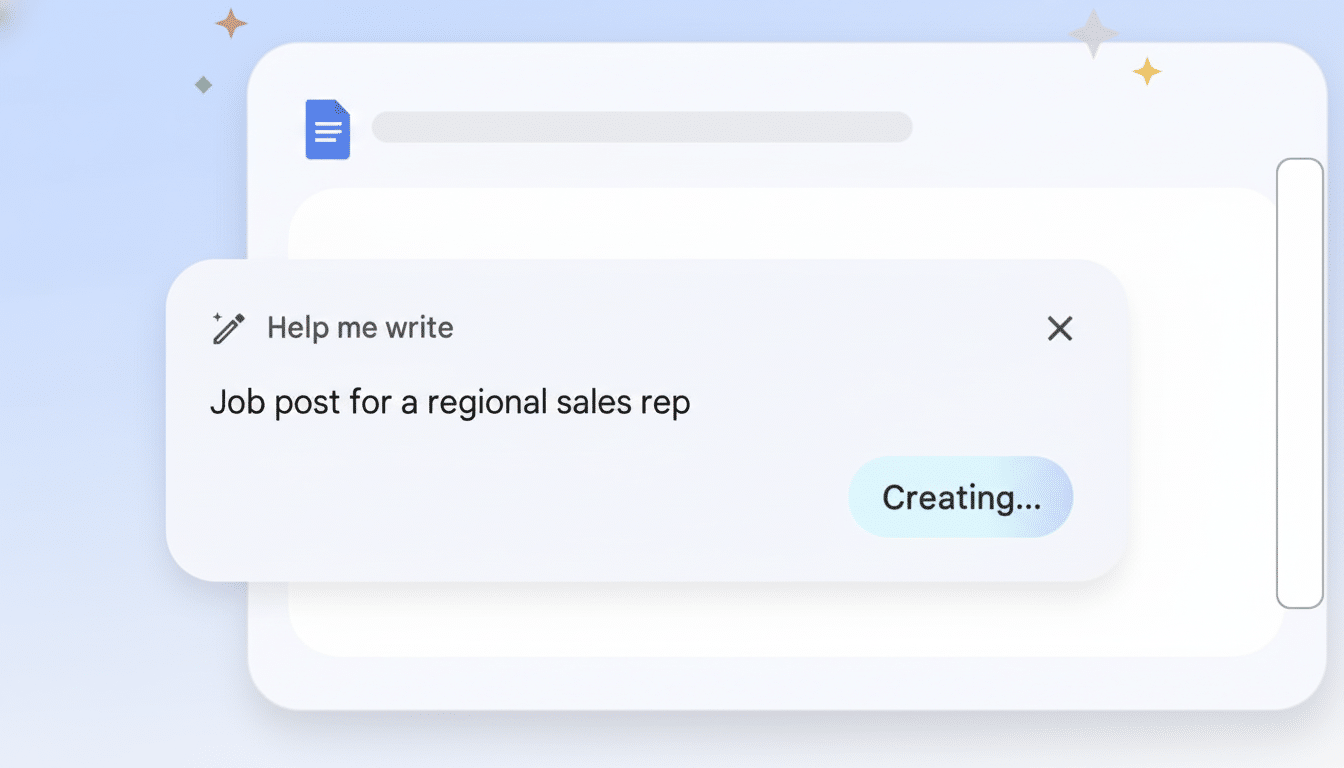 An image showing an AI writing assistant in a document interface , with a pop-up box that reads Help me write Job post for a regional sales rep and a Creating... button . The document interface is set against a soft, light blue background with subtle star -like shapes.