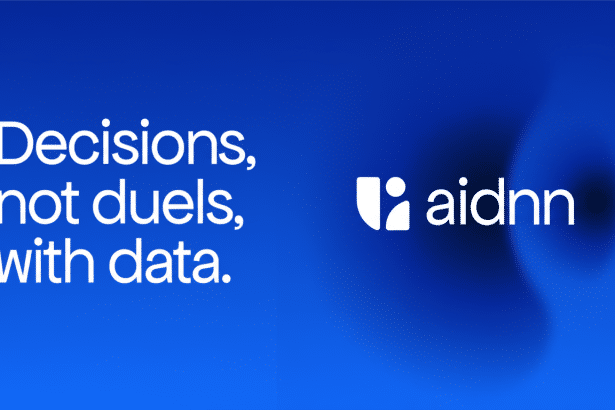 The text Decisions, not duels, with data. on a blue background, with the Aidnn logo to the right.