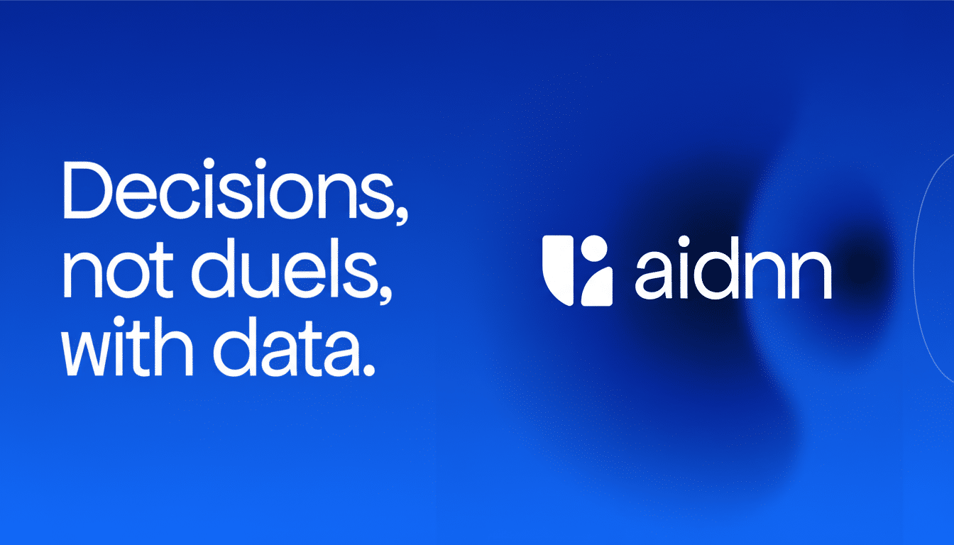 The text Decisions, not duels, with data. on a blue background, with the Aidnn logo to the right.