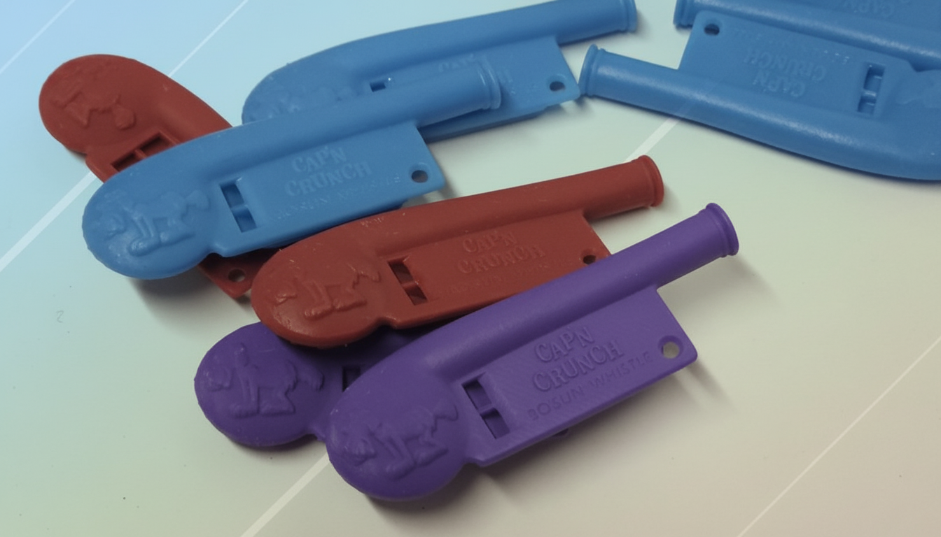 A collection of colorful plastic Capn Crunch Bosun Whistles in blue, red, and purple, arranged on a white surface with a subtle gradient background.