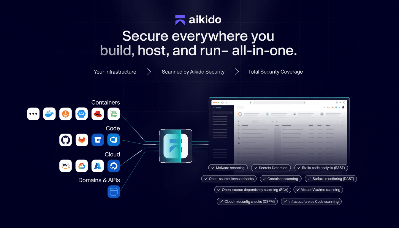 An image showing Aikido s comprehensive security platform, illustrating how it secures containers, code, cloud environments, and domains & APIs throug