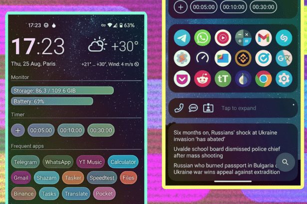 Two smartphone screens displayed side - by-side. The left screen shows the time, weather , storage, battery status , a timer, and frequent apps. The right screen displays a collection of app icons, a message notification , and news headlines .