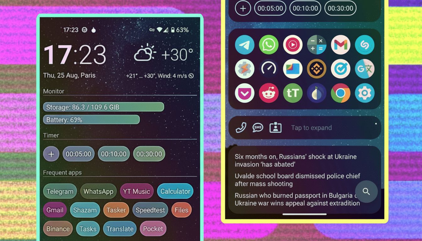 Two smartphone screens displayed side - by-side. The left screen shows the time, weather , storage, battery status , a timer, and frequent apps. The right screen displays a collection of app icons, a message notification , and news headlines .