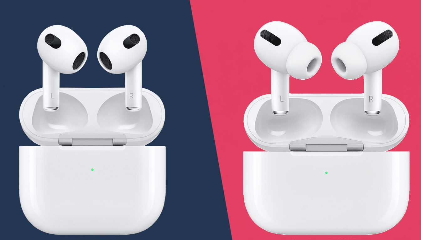 A split image showing two white Apple AirPods models and their charging cases. On the left are the AirPods 3 rd generation with a dark blue background