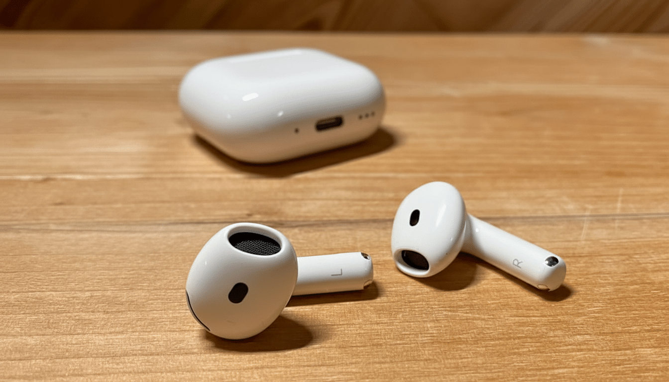 White Apple AirPods ( 3 rd generation) and their charging case resting on a wooden surface.