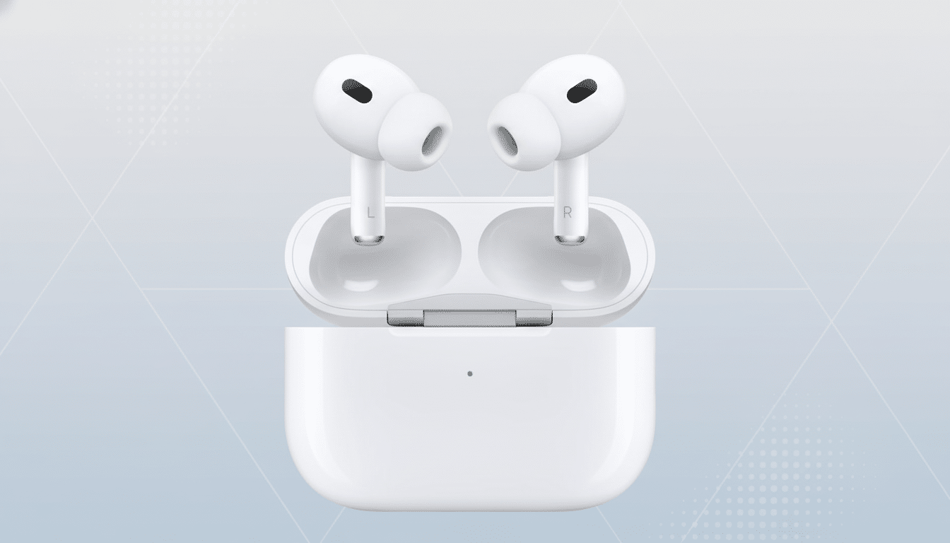 alt text: AirPods Pro 2 with charging case on a professional flat design background with soft patte