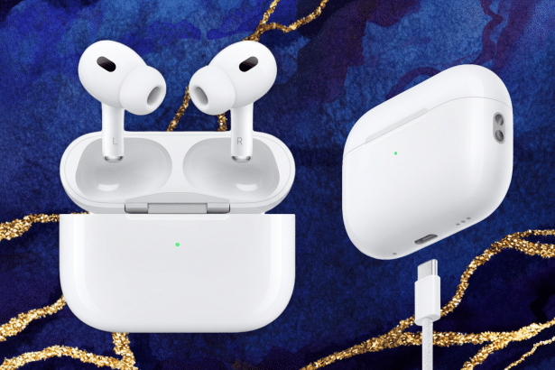 Apple AirPods Pro 2 nd generation with charging case and USB -C cable on a blue and gold textured background.