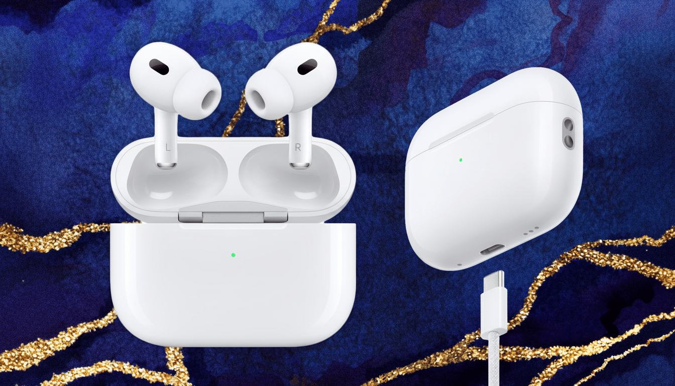 Apple AirPods Pro 2 nd generation with charging case and USB -C cable on a blue and gold textured background.